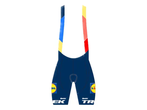 Santini cyklistické kraťasy s laclem Lidl Trek replika modrá červená žlutá